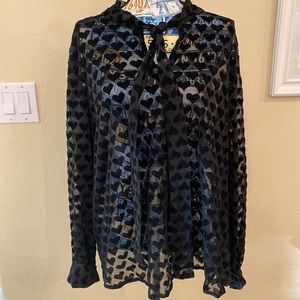 Shein blouse 4x with black velvet heart design, sheer, with tie or bow in front